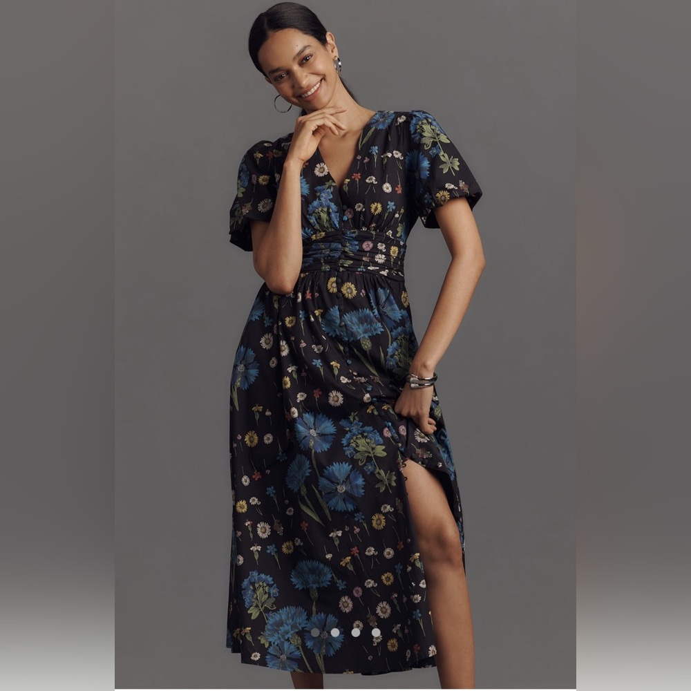 NWT Anthropologie Katerina Button-Front Floral Black Dress